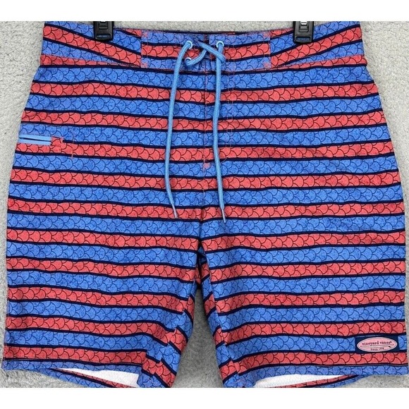 Vineyard Vines Swim Trunks Mens 32 Blue Red Striped Board Shorts Drawstring Surf